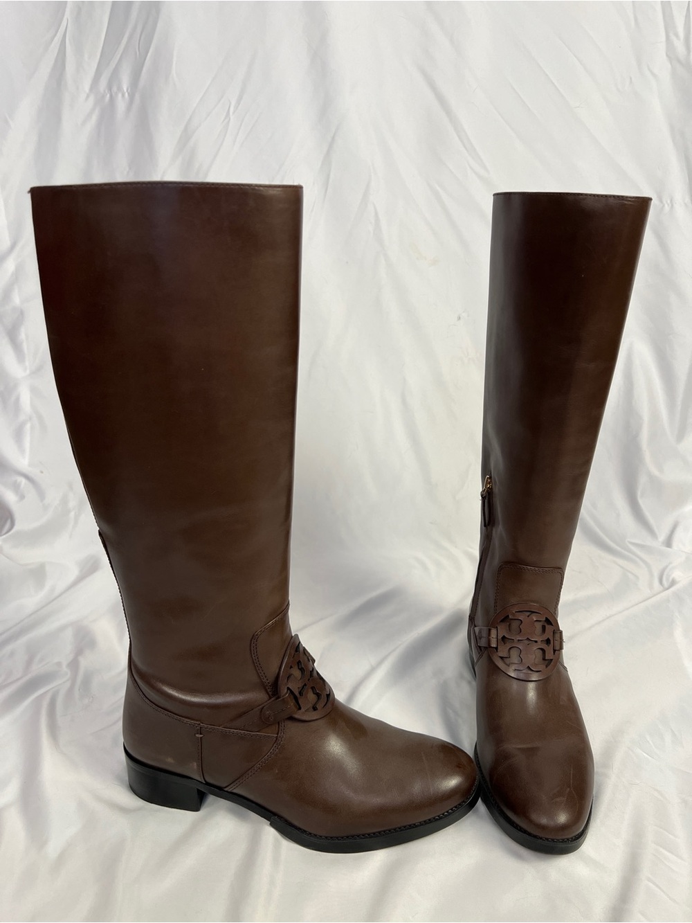 Tory Burch Brown Leather Knee-High Riding Boots with Logo Detail